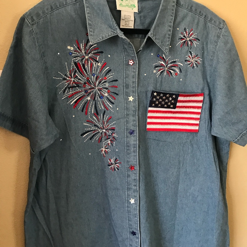 Americana Flag denim shirt 1X Quacker Factory 100%cotton